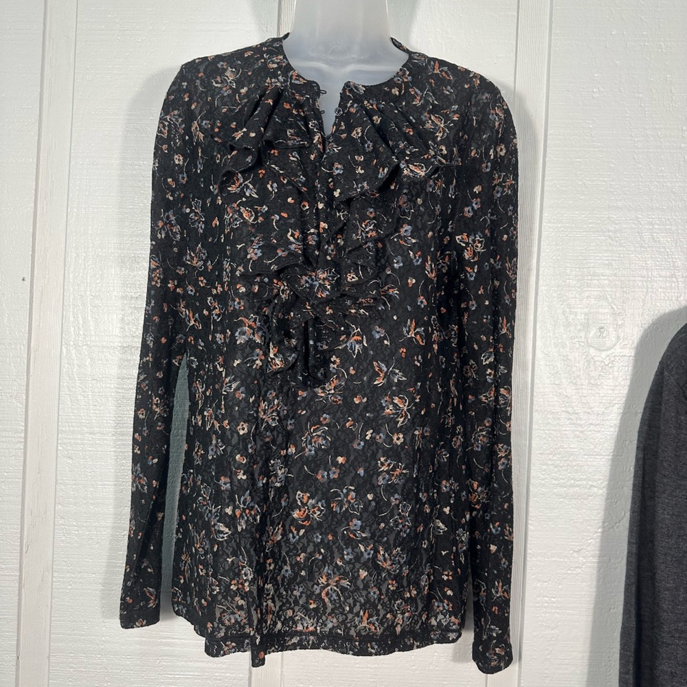 LRL Lauren Jeans Co. Black Floral Ruffle  Long Sleeve Blouse Size Large EUC